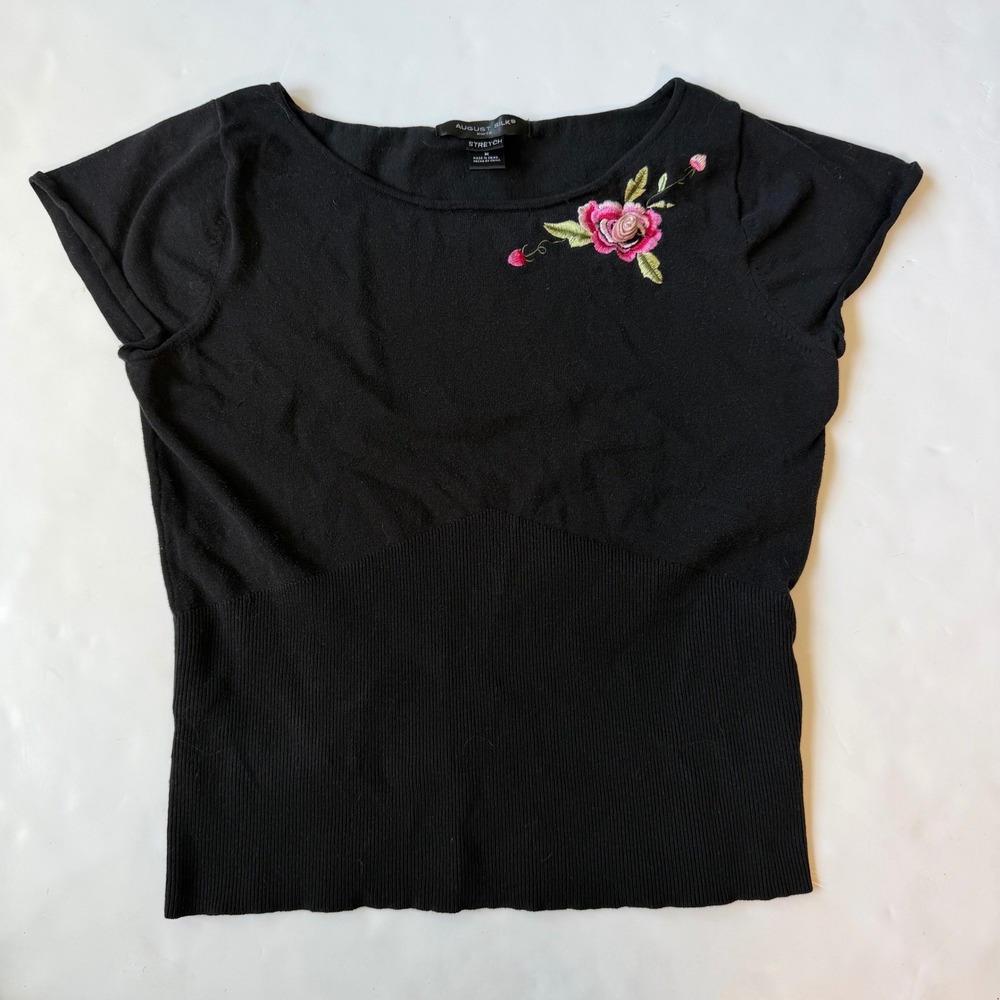 August Silk Black 3D Rose Flower Applique Dolman Cap Sleeve Y2K Sweater Top M